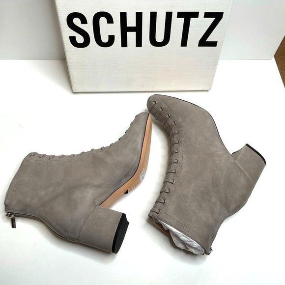 NIB SCHUTZ BRAELYN FRONT LACE SUEDE BOOTIES IN MOUSE/LIGHT GREY SZ:9 NWT - Picture 1 of 16